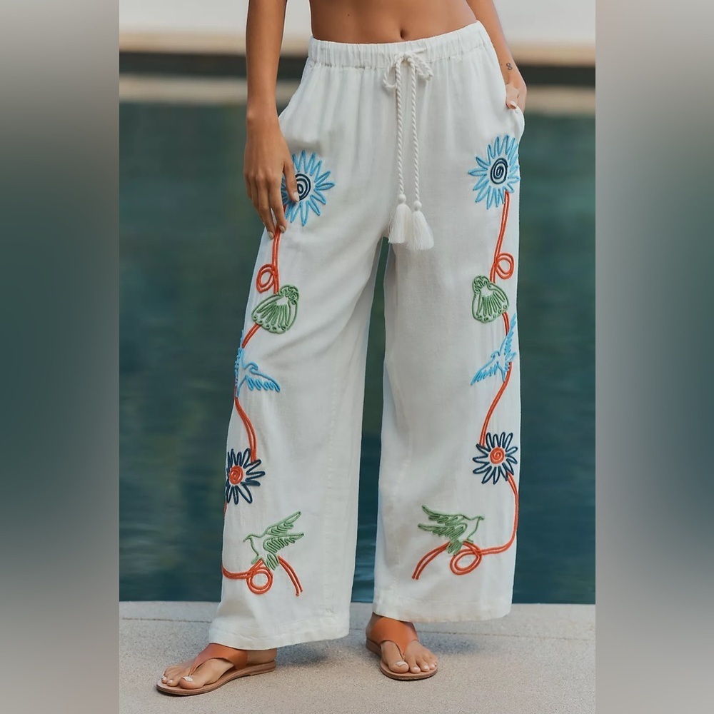 NWT! Anthropologie Celandine Embroidered Linen Blend Wide-Leg Pants 🦢